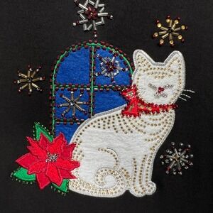 Mercer Street Studio Christmas Long Sleeve Shirt Women L Cat Poinsettia appliqué